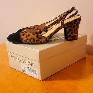 EUC. Ivanka Trump, suede/natural cow hair, sling back, block heel pumps. Size 8.